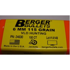 Berger Hunting Bullets 243 Caliber, 6mm (243 Diameter) 115 Grain VLD Hollow Point Boat Tail Box of 100