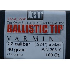 Nosler Ballistic Tip Varmint Bullets 22 Caliber (224 Diameter) 40 Grain Spitzer Boat Tail